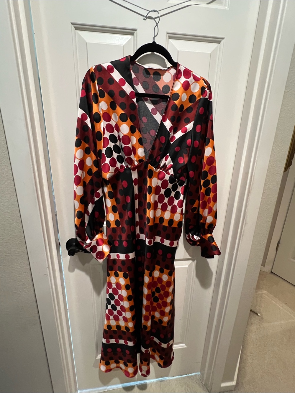 Zara Polka Dot Satin Dress in Black, Burgundy & Mustard